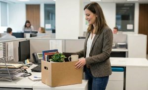 Career woman packing her belongings in a cardboard box thinking how to make a mid-career change