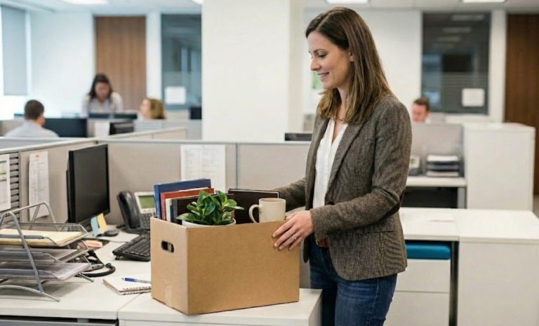 Career woman packing her belongings in a cardboard box thinking how to make a mid-career change